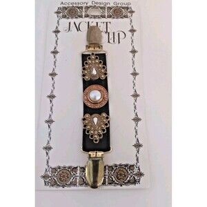 Jacket Sweater Cardigan Clip New Old Stock Goldtone Faux Pearls Black VTG